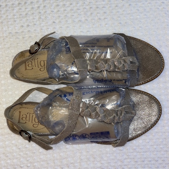 ANTHROPOLOGIE LATIGO Dreamy 8.5 Leather Flat Sandals Neutral Metallic Taupe Gray - Picture 9 of 16